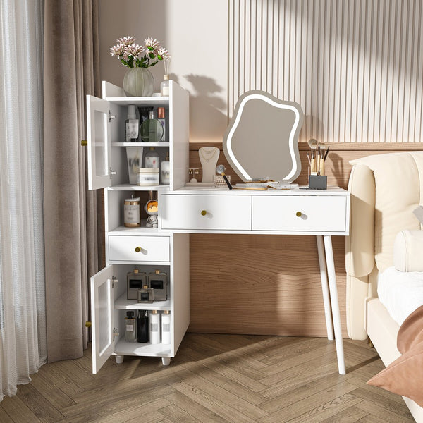 English Elm Vanity LED Mirror Dressing Table with 3 Drawers, 4 Cabinets & 3 Light Modes — White, Spacious Storage W2700P297922