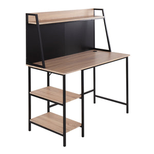 English Elm Geo Shelf Contemporary Wood Top Desk with Black Steel Frame & Multi Shelves for Organized Offices B202P223962
