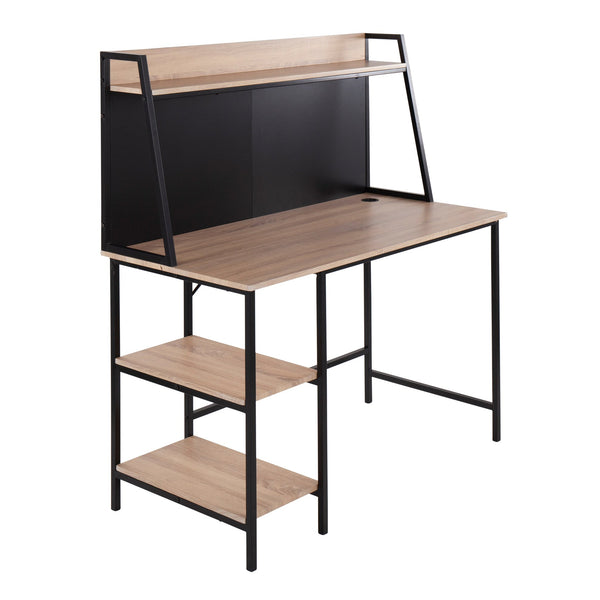 English Elm Geo Shelf Contemporary Wood Top Desk with Black Steel Frame & Multi Shelves for Organized Offices B202P223962