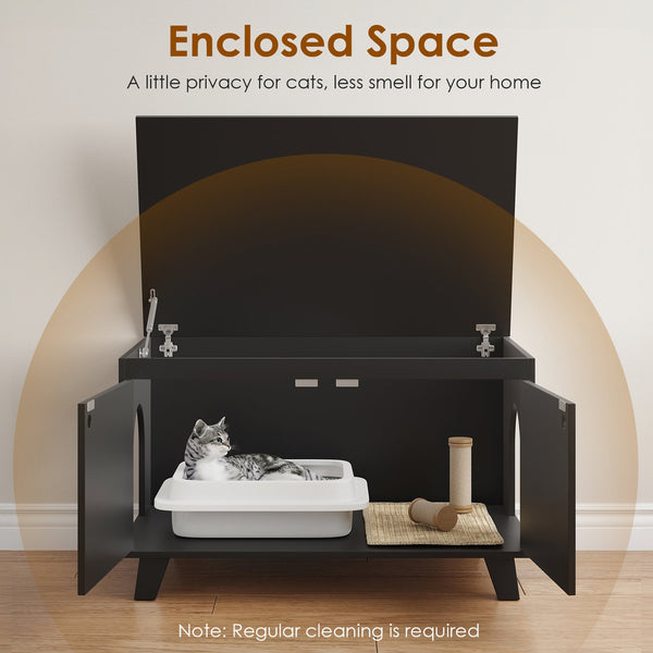 English Elm Flip Top Hidden Cat Litter Box Enclosure with Rattan Doors, Flip-Top Access, Odor Control, Stylish Table Ready Black T3623P354969