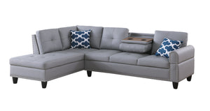 English Elm Irine Faux Leather Sectional Sofa with Ottoman, Storage Ottoman, Nailhead Trim, Cup Holders, Classic Comfort Gray B102S00069