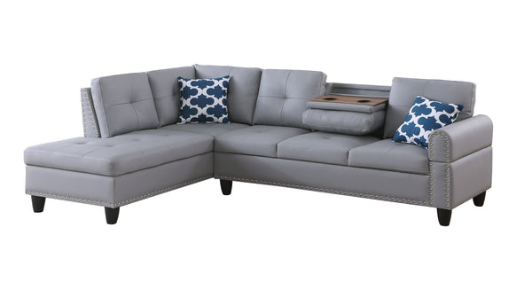 English Elm Irine Faux Leather Sectional Sofa with Ottoman, Storage Ottoman, Nailhead Trim, Cup Holders, Classic Comfort Gray B102S00069