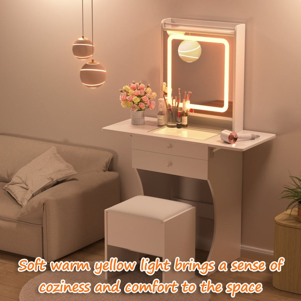 English Elm Vanity Set with Led Mirror Tempered Glass Top Foldable Tables and Stool for Bedroom W3767P441924