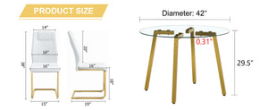 English Elm Table Modern Minimalist Round Glass Dining Set With White Pu Chairs & Gold Metal Legs For Style W1151S01715-GIGA