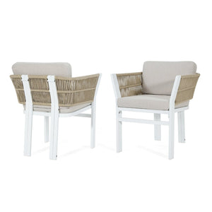 English Elm Outdoor Woven Rattan Aluminum Dining Chairs Set of 2 Coastal Patio Seating Beige,White N779P368549W