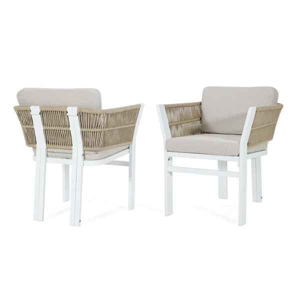 English Elm Outdoor Woven Rattan Aluminum Dining Chairs Set of 2 Coastal Patio Seating Beige,White N779P368549W