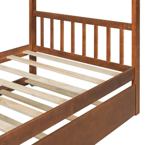 English Elm Twin House Bed with Pull Out Trundle Solid Pine Wood Frame Walnut Kids Room N708P309238L