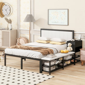 English Elm Full Metal Platform Bed With Stylish Two-Tier Storage Shelves & Cozy Upholstered Headboard, Black N737P199334B