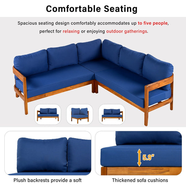 English Elm U_style Acacia Wood Outdoor L Shaped Corner Sofa Set with Arc Frame and Cushions Blue WY000481AAC