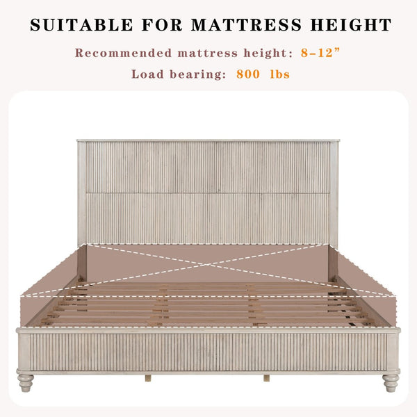 English Elm Solid Rubberwood Queen Platform Bed Tall Headboard Natural Grain No Box Spring W1716S00018