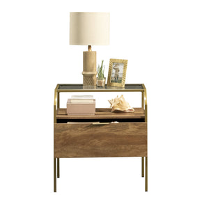 English Elm Night Stand - Contemporary Brown Finish With Metal Frame, Glass Top & Versatile Storage Solutions B356P402578