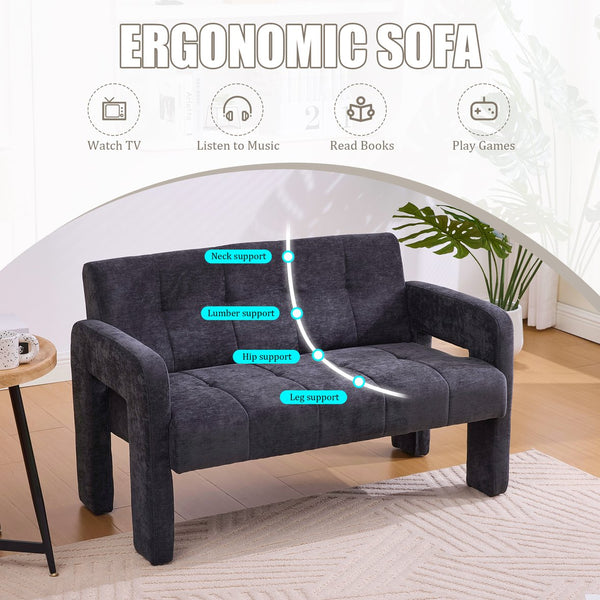 English Elm Nordic Ergonomic Double Armchair Upholstered Chenille Two-Seater Sofa 550lb Capacity Compact Lounge Chair Black W395P380537