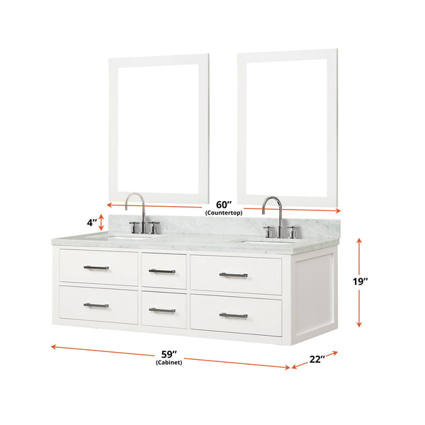 English Elm Castor 60" White Double Bath Vanity with Carrara Marble Top, Chrome Faucets & 28" Mirrors, Assembled B2731P336968