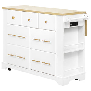 English Elm K&K Rustic Kitchen Island Cart with 6 Drawers, Pull-Out Trash Cabinet, Drop Leaf & Built-In Charging Station White N707P307292W