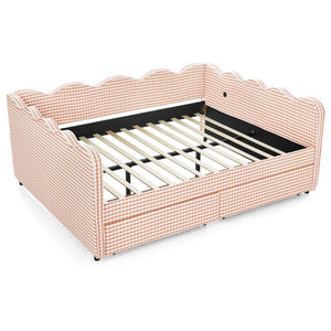 English Elm Queen Gingham Linen Daybed with Wave Backrest Two Storage Drawers and Usb Port Pink W1413S00150
