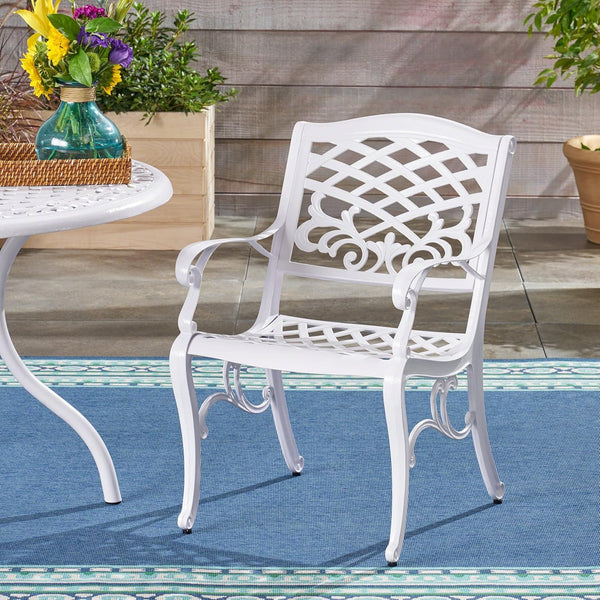 English Elm Christopher Knight Home® - Dieter White 4-Person Cast Aluminum Patio Dining Set with Lattice Scrollwork Table & Umbrella Hole 54589.00WHI-4_54588.00WHI