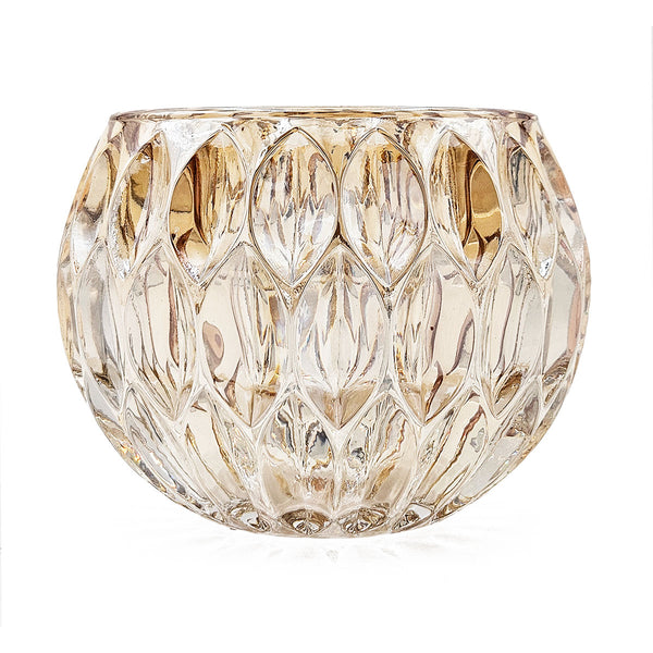 English Elm 5.9" Shiny oval cutout glass candleholder with gold mercury interior for warm ambient glow, 4-pack Amber W2078P392162