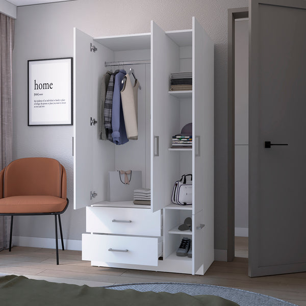 English Elm Four Door Armoire Crosby White - Spacious Engineered Wood Wardrobe with Hanging Rod, Shelves & Drawers B092S00265