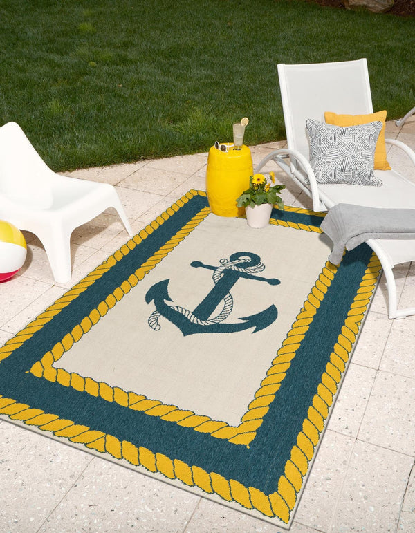 Unique Loom Outdoor Coastal Anchor Machine Made Border Rug Ivory, Yellow/Navy Blue 5' 3" x 8' 0"