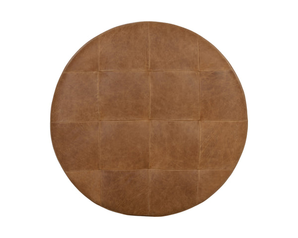 Sunpan Nilda Ottoman - Luxurious Italian Round Leather Seat with Tufted Top & Solid Wood Base - Camel Color