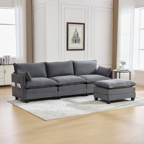 English Elm United We Win Modular Corduroy Sectional with Ottoman Low Profile Living Room Couch Gray W1568S00255