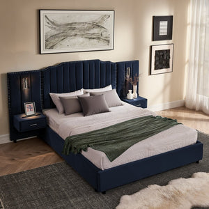 English Elm Queen Velvet Platform Bed with Tufted Headboard Integrated Nightstands and Striped Design Dark Blue W487S00442