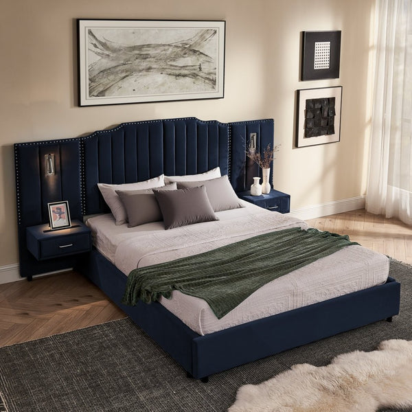English Elm Queen Velvet Platform Bed with Tufted Headboard Integrated Nightstands and Striped Design Dark Blue W487S00442