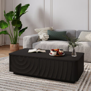 English Elm 47'' Spiral Grain Coffee Table Two Drawer Storage Mid Century Farmhouse Living Room Black W2263P412382