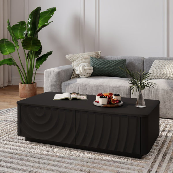 English Elm 47'' Spiral Grain Coffee Table Two Drawer Storage Mid Century Farmhouse Living Room Black W2263P412382