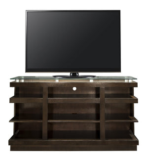 English Elm Novella Hardwood Media Console with Tempered Glass Top and Open Shelves for Living Room B108P481214