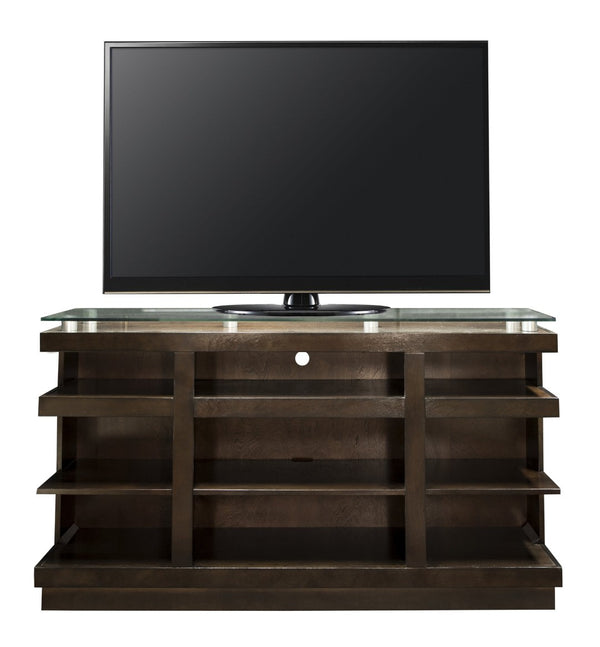 English Elm Novella Hardwood Media Console with Tempered Glass Top and Open Shelves for Living Room B108P481214