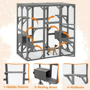 English Elm Outdoor Wooden Catio Enclosure with Platforms Condos and Weatherproof Fir Frame for Cats W1422P345496