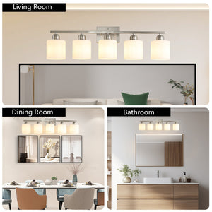 English Elm Brushed Nickel 5-Light Vanity Fixture With Frosted Glass Shades For Modern Bathroom Lighting Upgrade W2312P374852