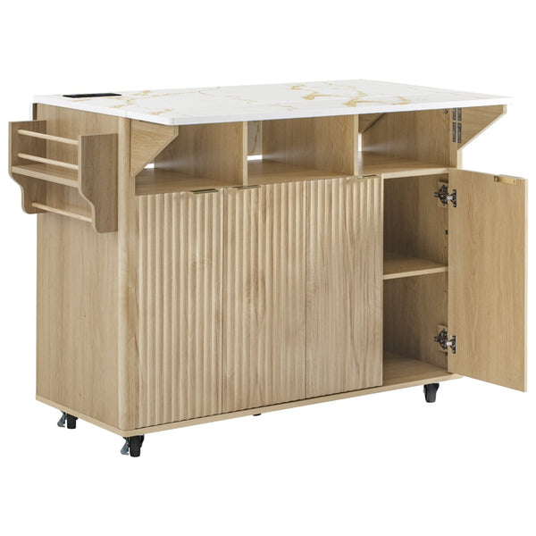 English Elm K&k Fluted Rolling Kitchen Island Faux Marble Top Power Outlet Storage Drawers Natural N707P353934Y