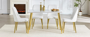 English Elm Table and Chair Set Marble Glass Top Gold Legs Pu Leather Seats Modern Dining White+Gold W1151S04635