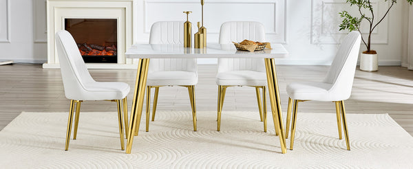 English Elm Table and Chair Set Marble Glass Top Gold Legs Pu Leather Seats Modern Dining White+Gold W1151S04635