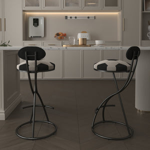 English Elm Upholstered Velvet Football Print Barstools Set of 2 — Black Metal Base, Padded Round Seat, 220lb Capacity W1757P354693
