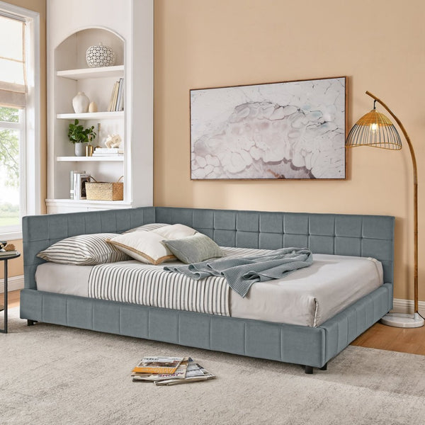 English Elm Queen Size Upholstered Tufted Bed Frame - Stylish Velvet Sofa Bed With Backrest & Armrests, Grey W487S00283-GIGA