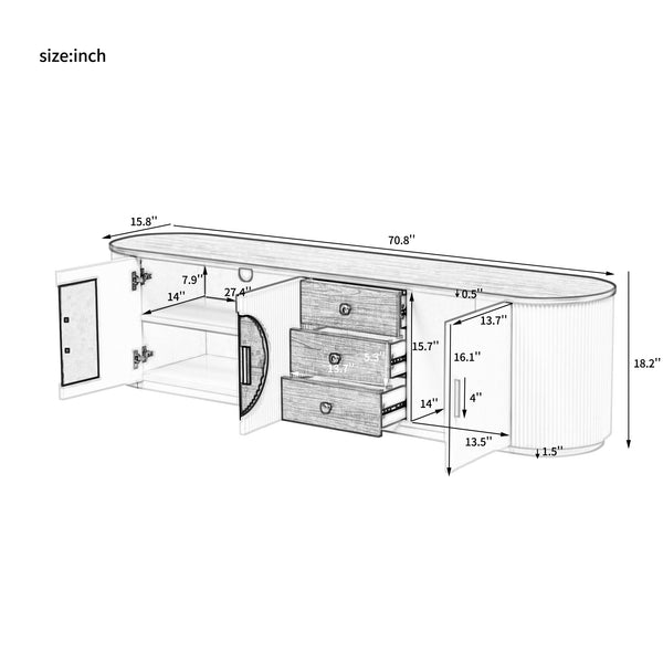 English Elm VIBE Elegant 70.8" Modern TV Stand with Gold Accents, Glass Cabinets, 3 Drawers & Cable Management Black SJ000131AAB
