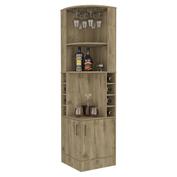 English Elm Seattle Floor Tower Bar Cabinet with Wine Cubbies Open Shelves Slim Dining Storage B128P460118
