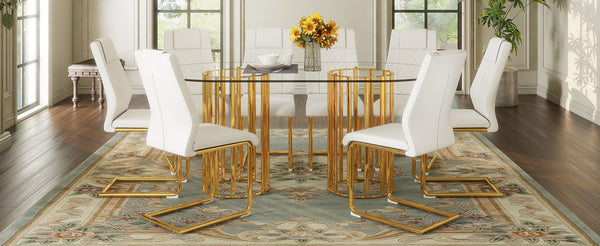 English Elm Table and Chair Set 8 Seater Oval Glass Dining with Glamorous Gold Base Modern Luxe Transparent,White+Gold W1151S04725