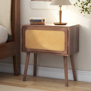 English Elm Rotating Rattan Nightstand Push Open Hidden Storage Mid Century Wood Leg Bedside Walnut N761P288451N