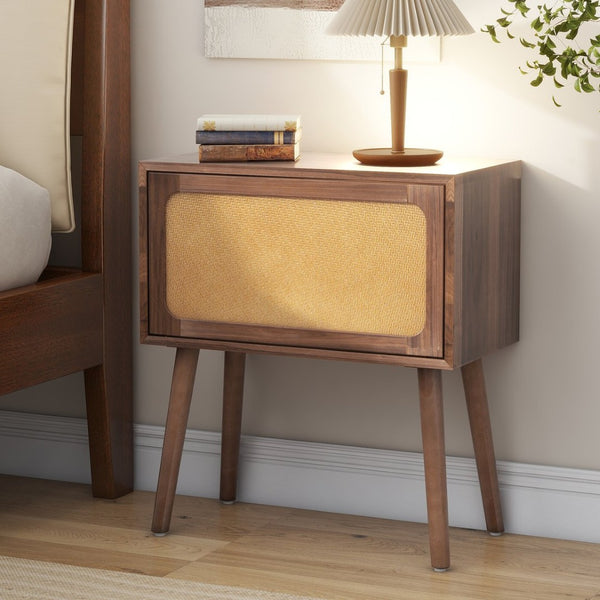 English Elm Rotating Rattan Nightstand Push Open Hidden Storage Mid Century Wood Leg Bedside Walnut N761P288451N
