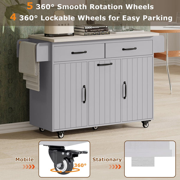 English Elm K&K Kitchen Island with Tilt-Out Trash Can, Drop Leaf Counter, Adjustable Shelf, Rolling Cart Grey WF326381AAG