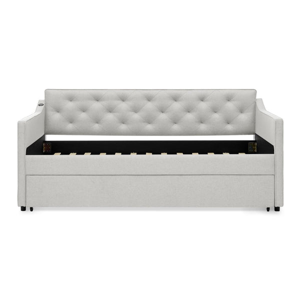 English Elm Twin Linen Tufted Daybed with Pop up Trundle and Usb Port for Guest Rooms W1413S00129