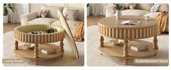 English Elm Farmhouse Fluted Square Coffee Table with Flip Top Hidden Compartment and Open Shelf Natural Wood W1445P370481