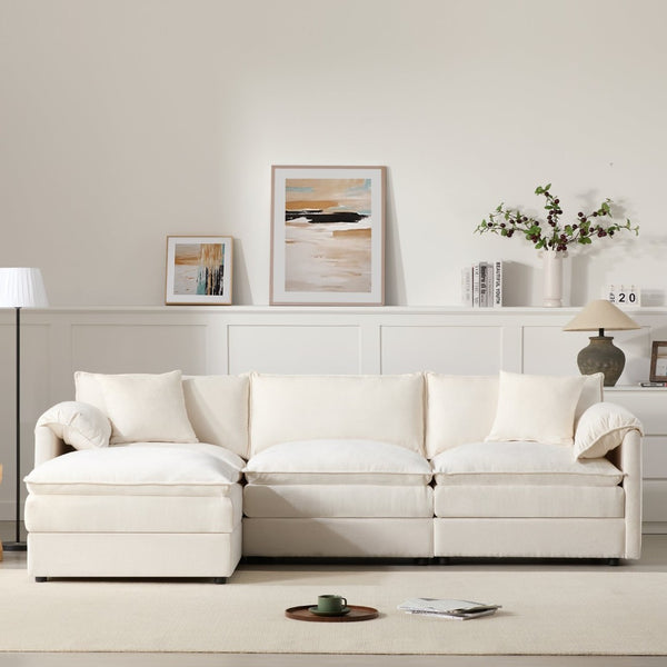 English Elm [video]103" Chenille L-shaped Sectional with Movable Ottoman Deep Seat Cloud Sofa White N723S0687W