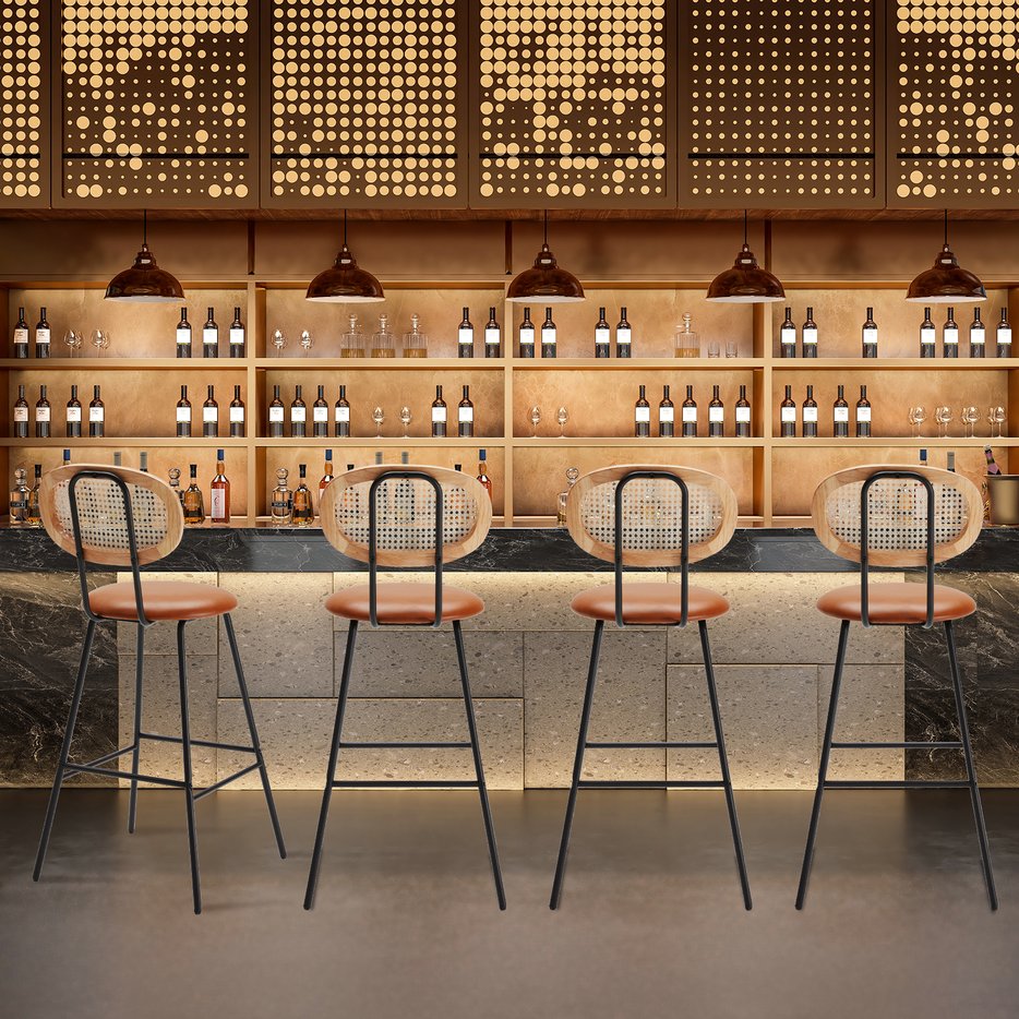 English Elm Stools Rustic Brown Set of 2 Counter Height Barstools with Leather Seat, Handwoven Rattan Backrest, Ergonomic Comfort (24"/30") T3623P407865