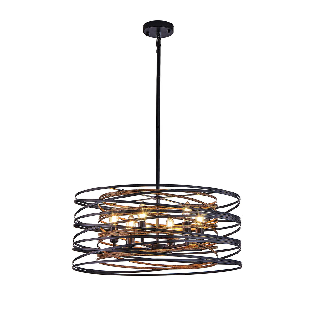 English Elm 24" Rustic Industrial Pendant Light, 6-Light Black & Walnut Metal Cage Chandelier with Wood Accents for Kitchen Island Dining Room W2312P368685