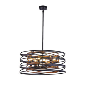 English Elm 24" Rustic Industrial Pendant Light, 6-Light Black & Walnut Metal Cage Chandelier with Wood Accents for Kitchen Island Dining Room W2312P368685